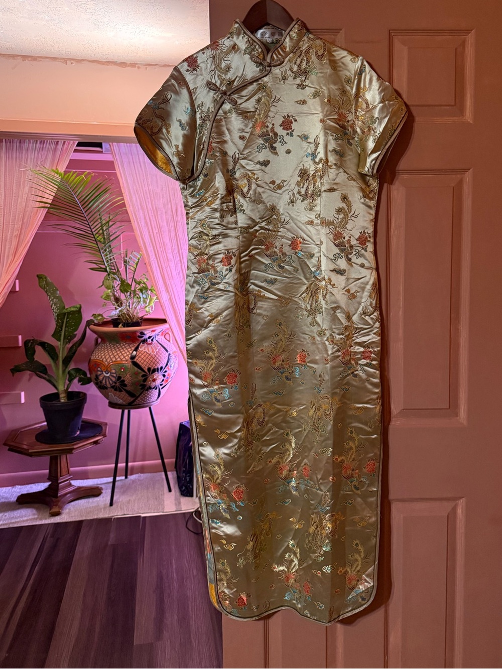 Vintage Silk Brocade Qipao Dress Gold Dragon Phoenix Cheongsam Maxi Imperial 12